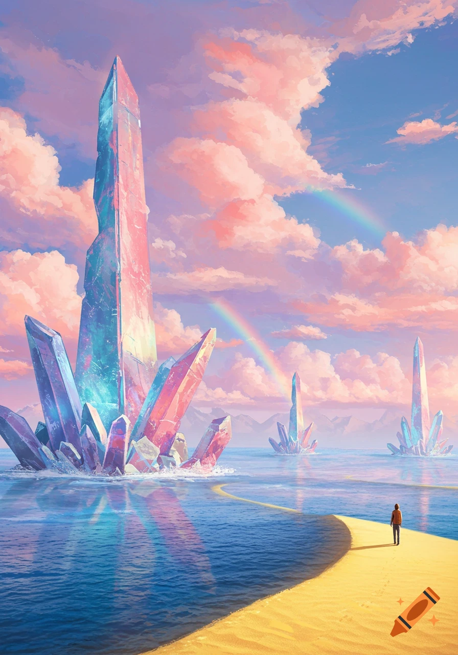 A person walks on a golden path next to a calm sea with giant glowing colorful crystals under a sky of pink clouds and rainbows, conceptual art.