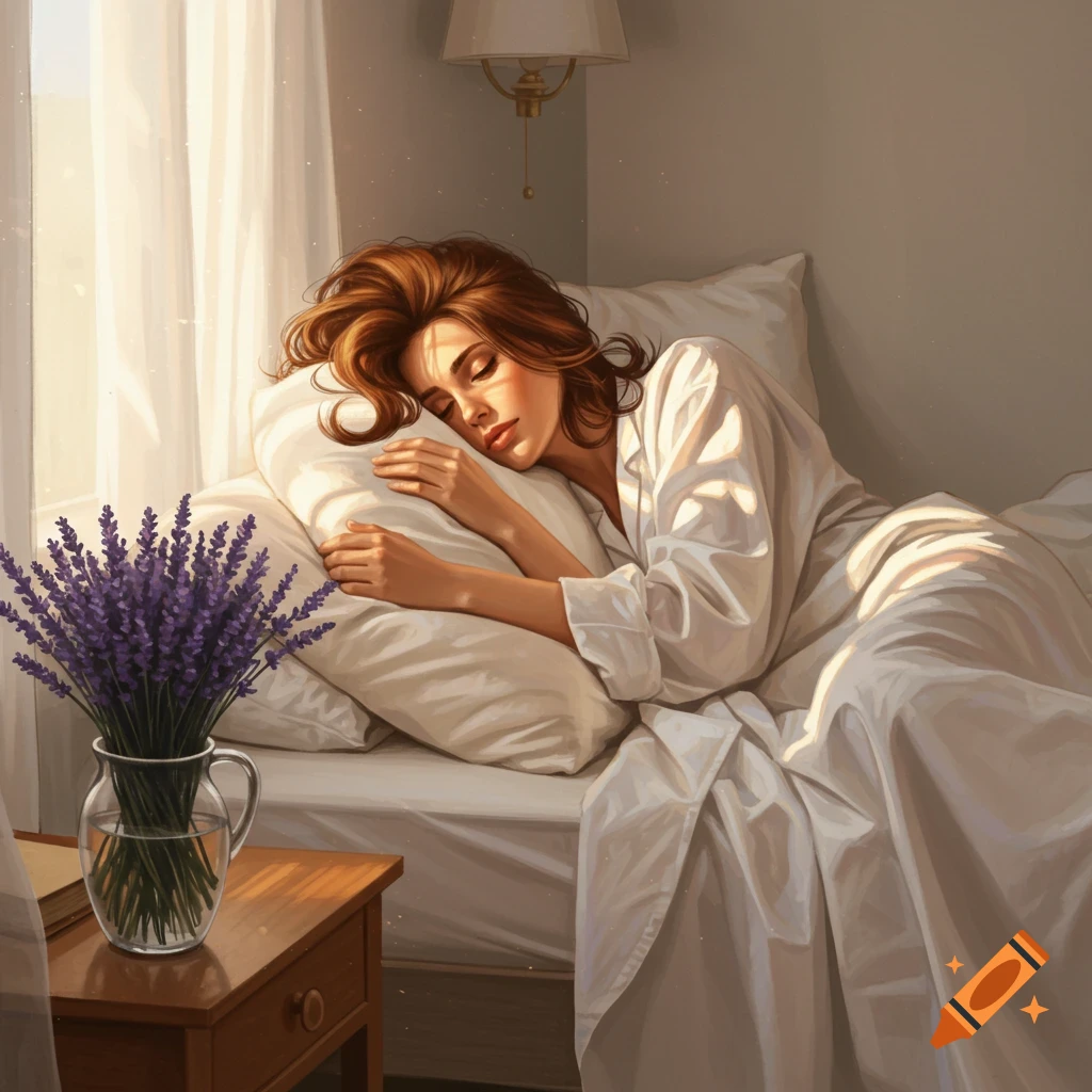 Illustrated woman sleeping peacefully in a sunlit bed with lavender on the nightstand.