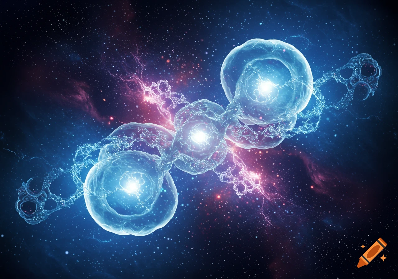 Glowing abstract cell-like structures with energetic tendrils in a vibrant cosmic nebula field.