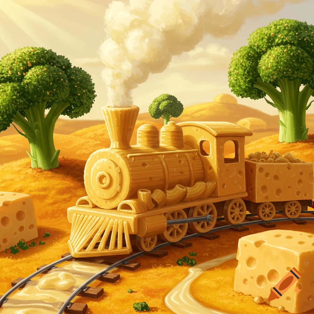 A whimsical cheese and macaroni train with cheese cube cargo travels through a landscape of broccoli trees and cheese hills, rendered in a colorful illustration style.
