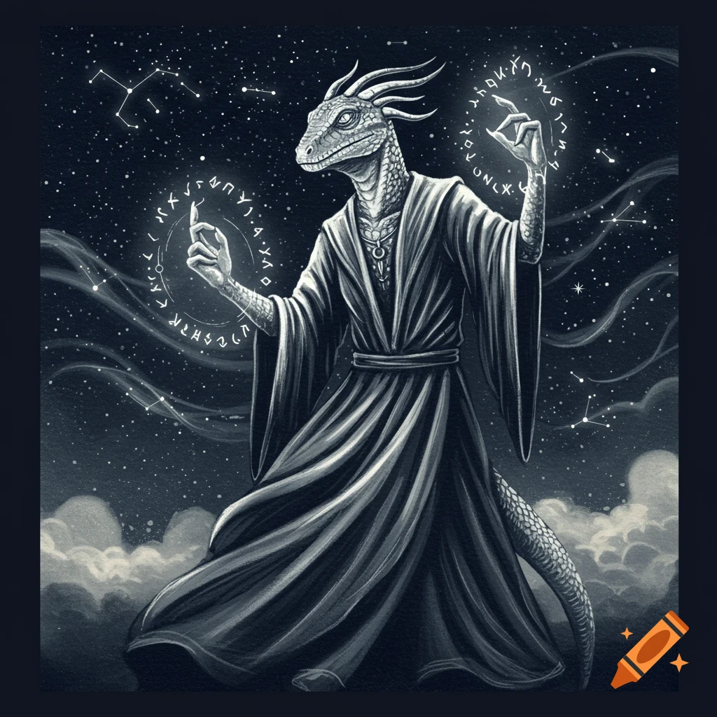 A monochrome lizard-like figure in robes casts magic with glowing runes, set against a starry sky with constellations and clouds.