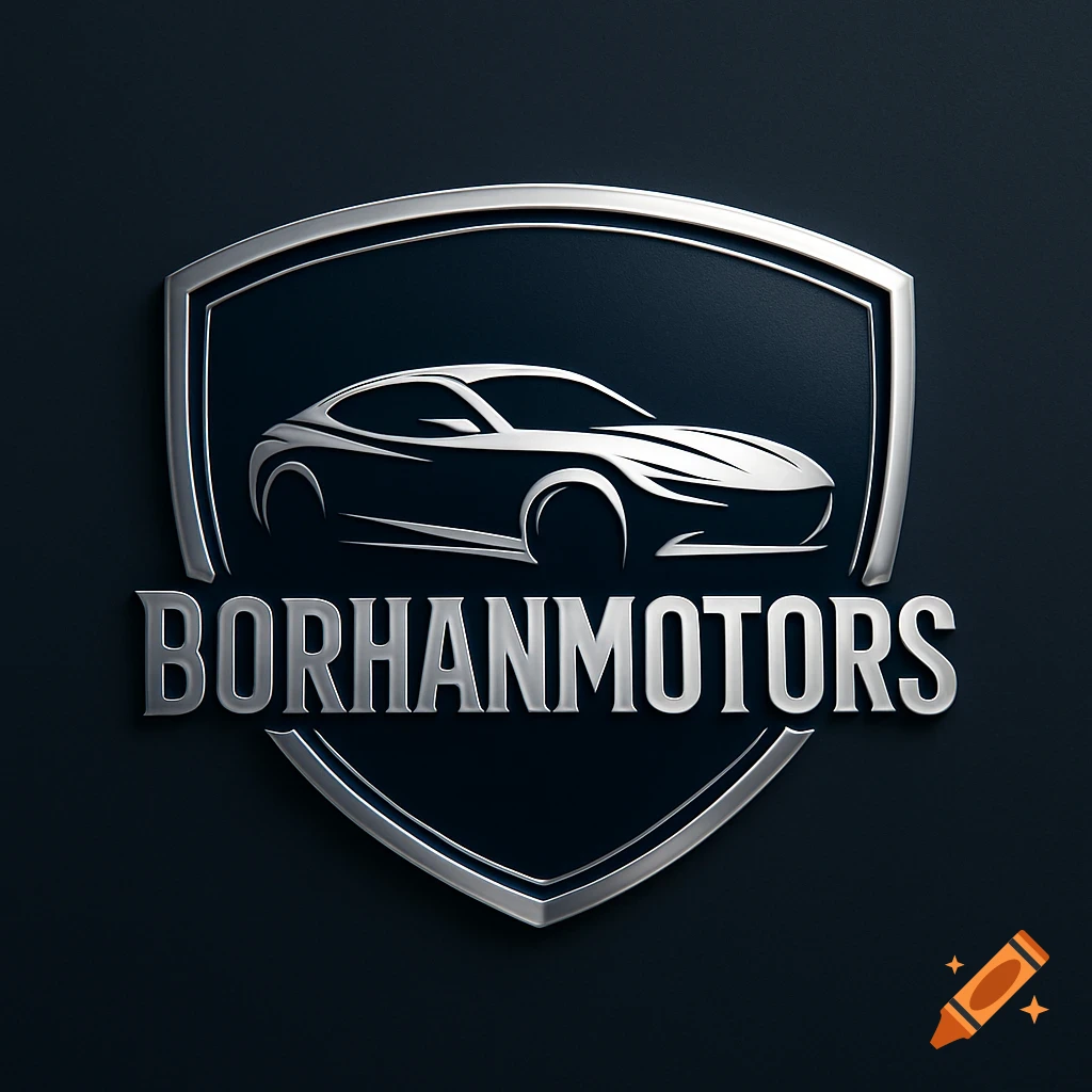 Silver metallic car logo emblem with the word 'BORHANMOTORS' on a dark shield background.