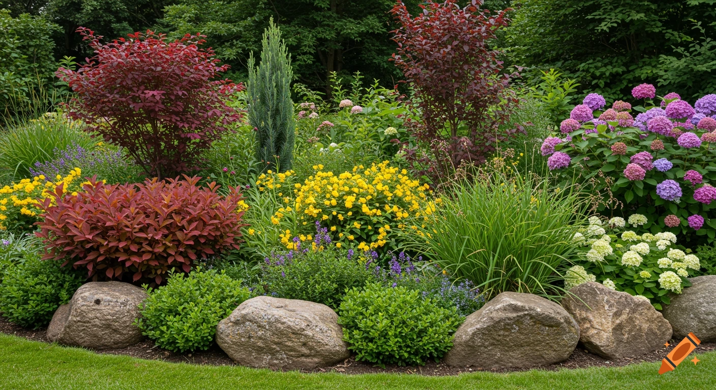 Vibrant garden bed with diverse flowering plants in red, yellow, and purple, green shrubs, and large rocks. Photorealistic.
