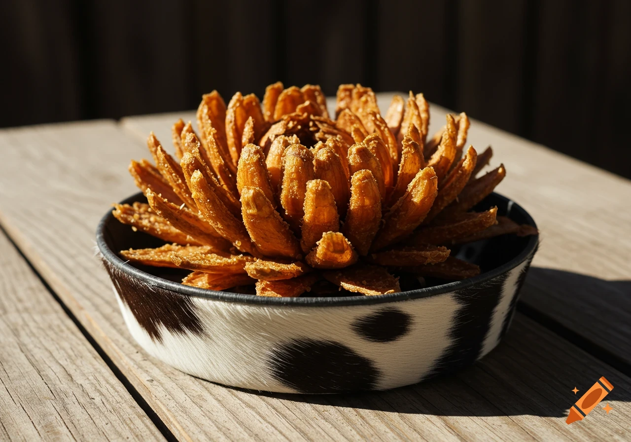Golden-brown blooming onion in a cow hide pattern bowl on a rustic wooden table.
