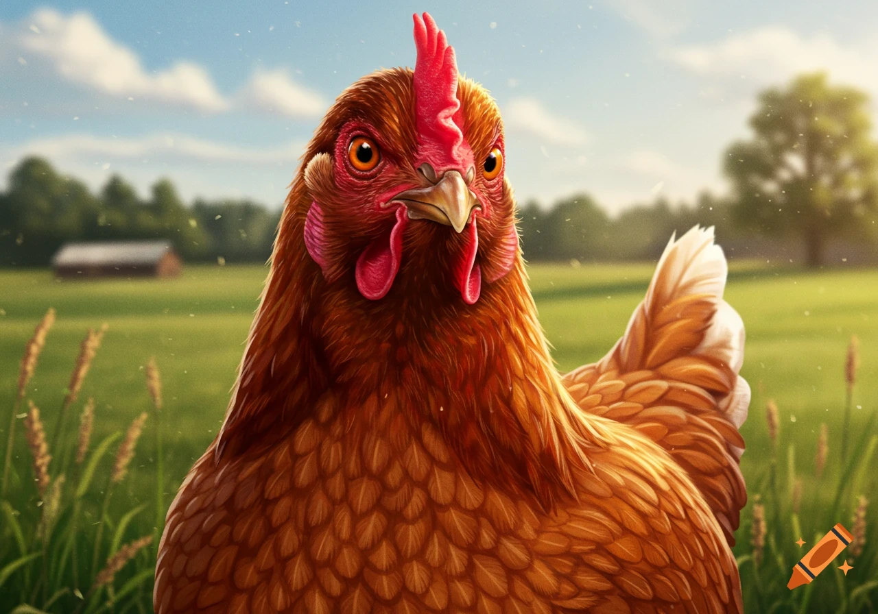 Close-up portrait of a brown chicken with a red comb and wattle, in a sunny green field with a barn in the background.
