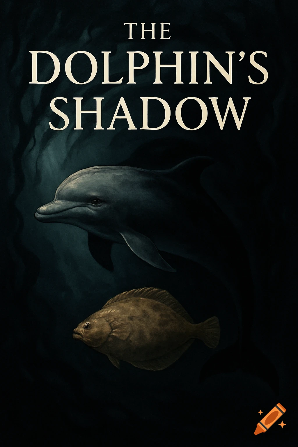 An illustrative book cover features a dolphin swimming above a flounder in dark water with the title 'The Dolphin's Shadow'.