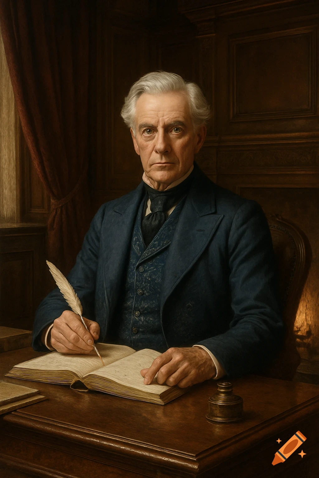 A hyperrealistic portrait of a Victorian-era banker with silver hair, holding a quill pen at a mahogany desk.