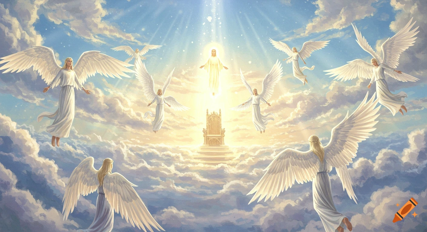 Numerous winged angels float around a divine golden throne and a luminous silhouette in a heavenly cloudscape.