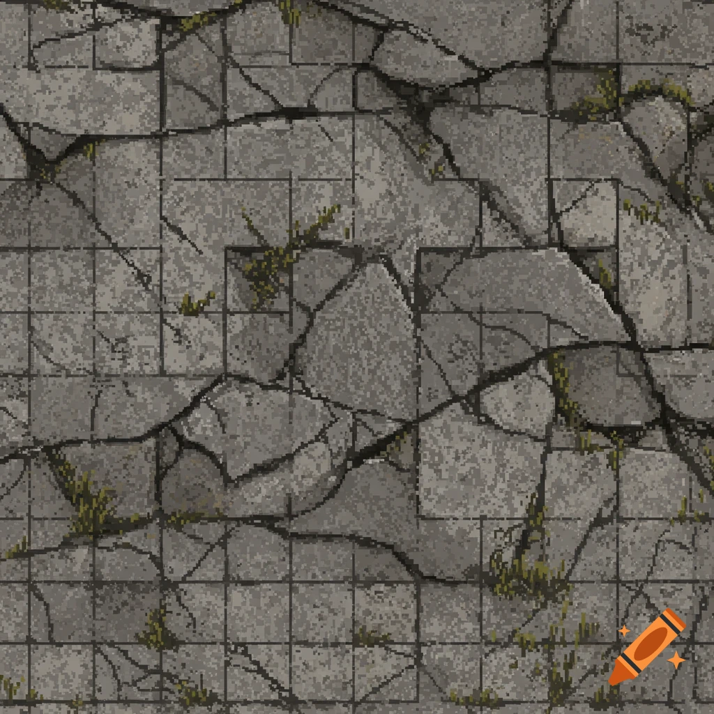 A seamless 8-bit pixel art texture of broken gray concrete with green moss growing in the cracks, suitable for a post-apocalyptic scene.