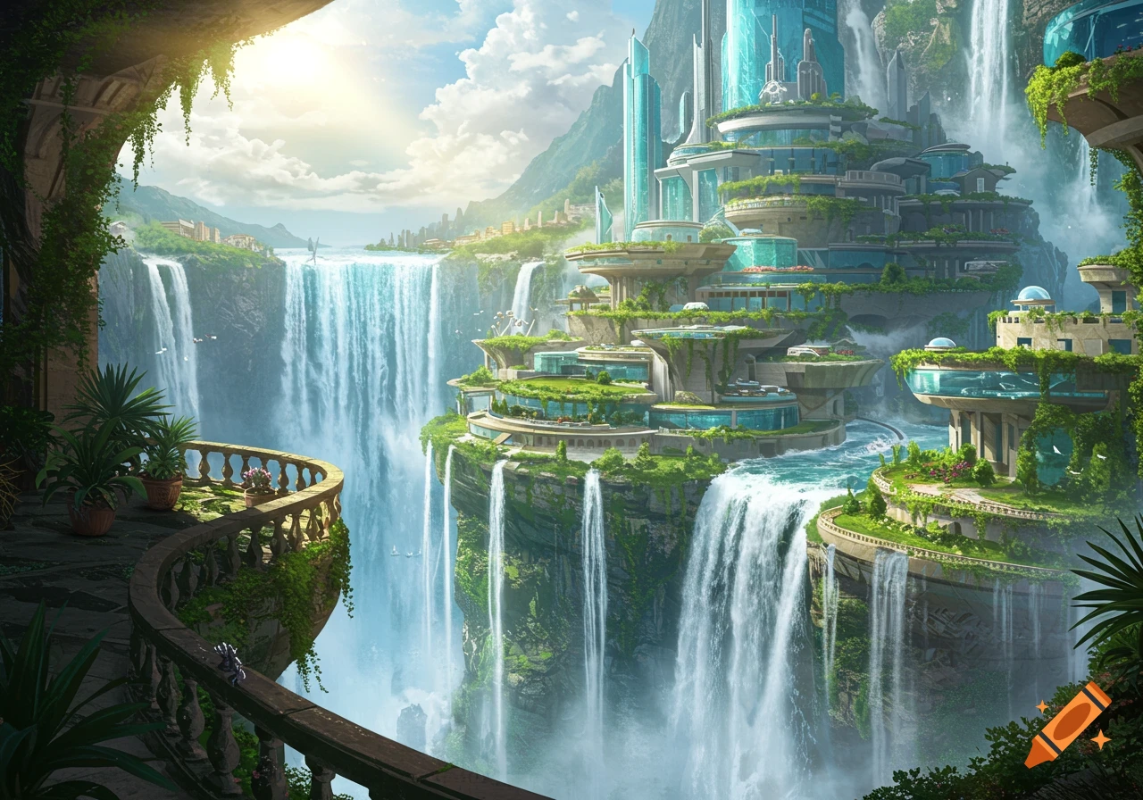 A vibrant, multi-leveled futuristic city built into cliffs with numerous powerful waterfalls cascading around and through it. Lush greenery covers the structures.