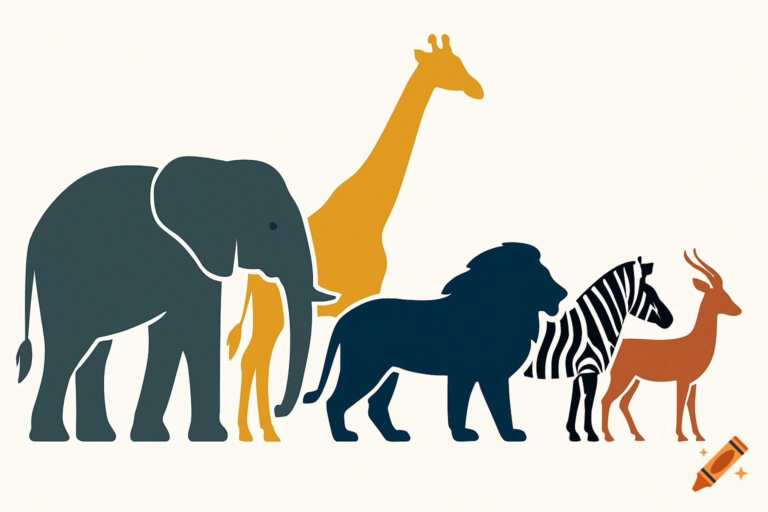 Flat vector silhouettes of an elephant, giraffe, lion, zebra, and gazelle aligned in a row on a white background, in a minimalist style.