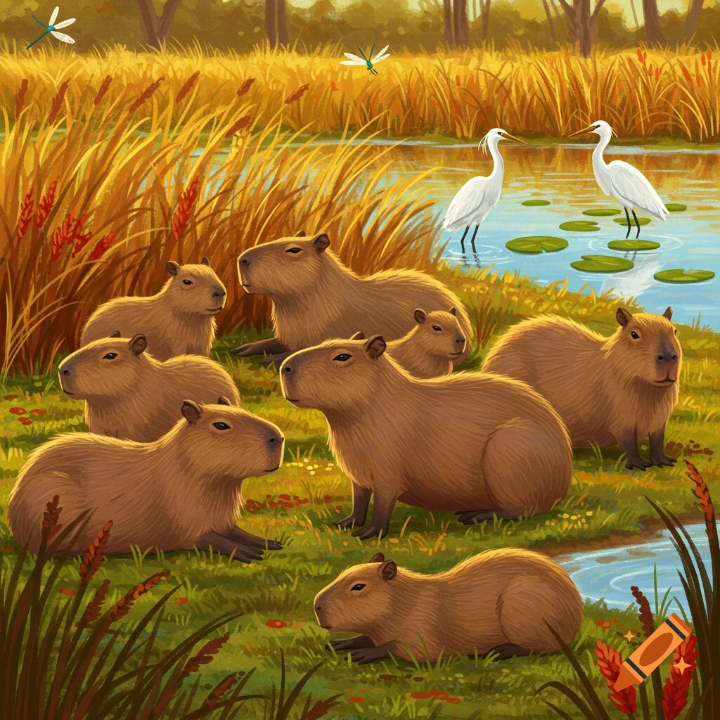 Illustrated group of capybaras relaxing by a pond with egrets, reeds, and dragonflies.