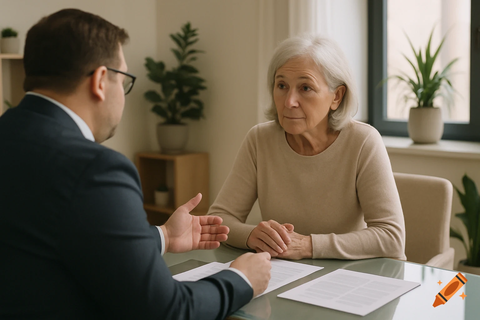 A male consultant, seen from behind, speaks to an elderly woman with grey hair sitting across a desk with documents in a bright office.