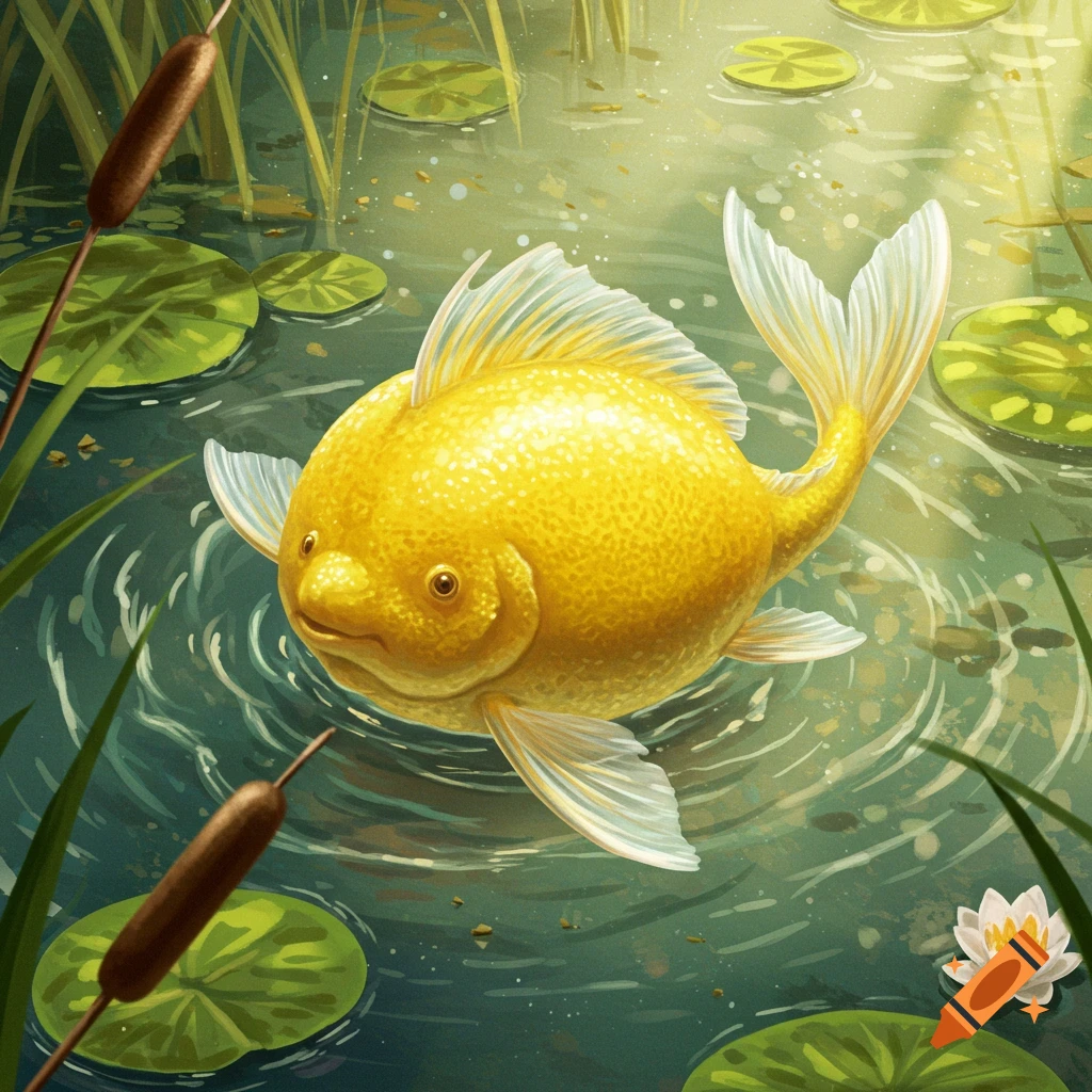 A round, yellow, lemon-like fish with white fins swims in a green pond with lily pads, cattails, and a white water lily, in an illustrative style.