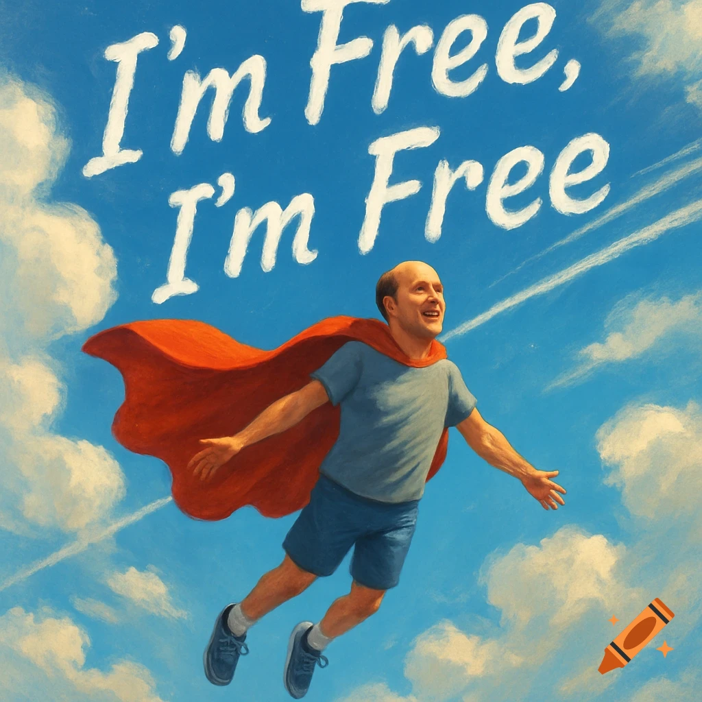 A bald man in a blue t-shirt, shorts, and red cape flies in a bright blue sky with clouds. White text spells 'I'm Free, I'm Free'.