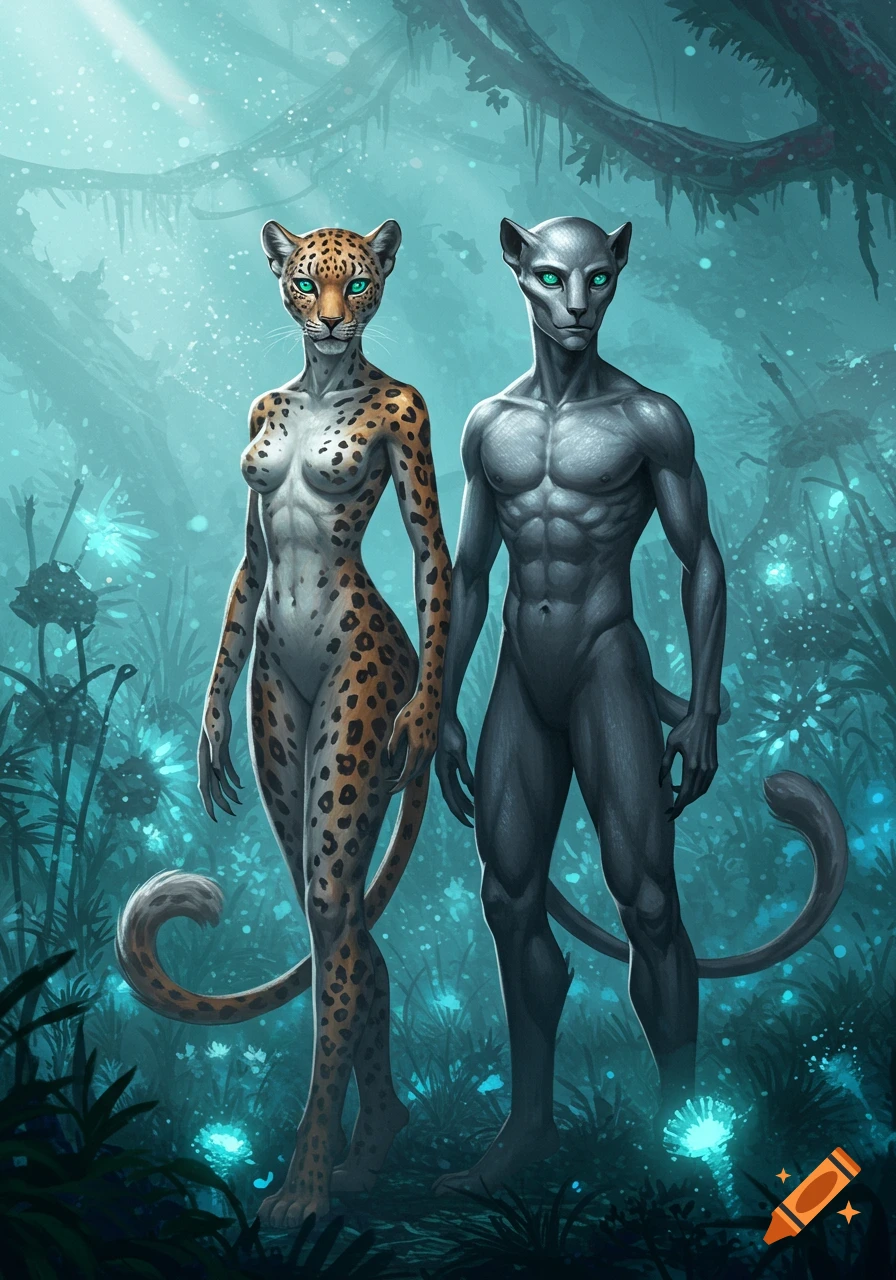 Two humanoid feline creatures, one spotted and one grey, with glowing eyes, stand in a mystical blue-green jungle.