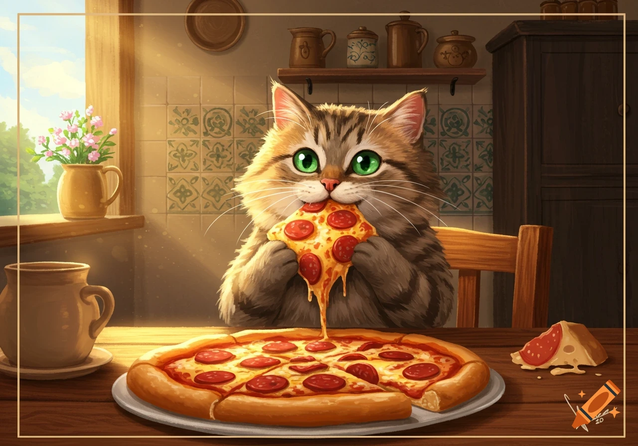 A cute, fluffy tabby cat with big green eyes eating a slice of pepperoni pizza at a kitchen table. Illustration.