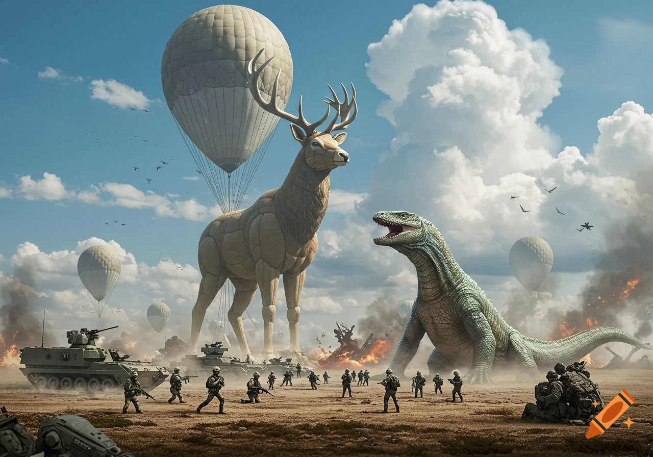 A giant deer-shaped balloon and a lizard monster battle soldiers and tanks on a dusty field under a cloudy sky with explosions.