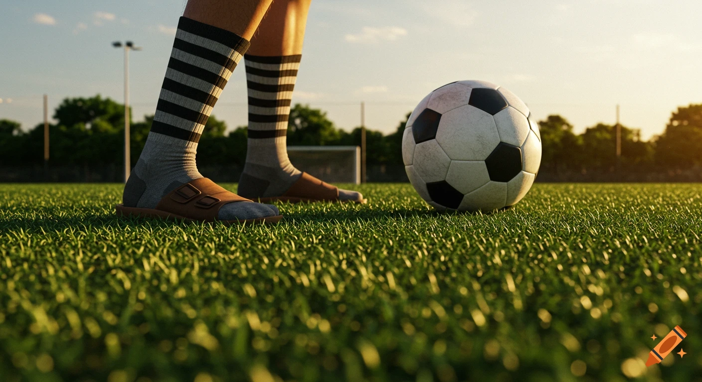 A low-angle shot of a person's legs in striped socks and brown sandals next to a soccer ball on a green artificial turf field at sunset.