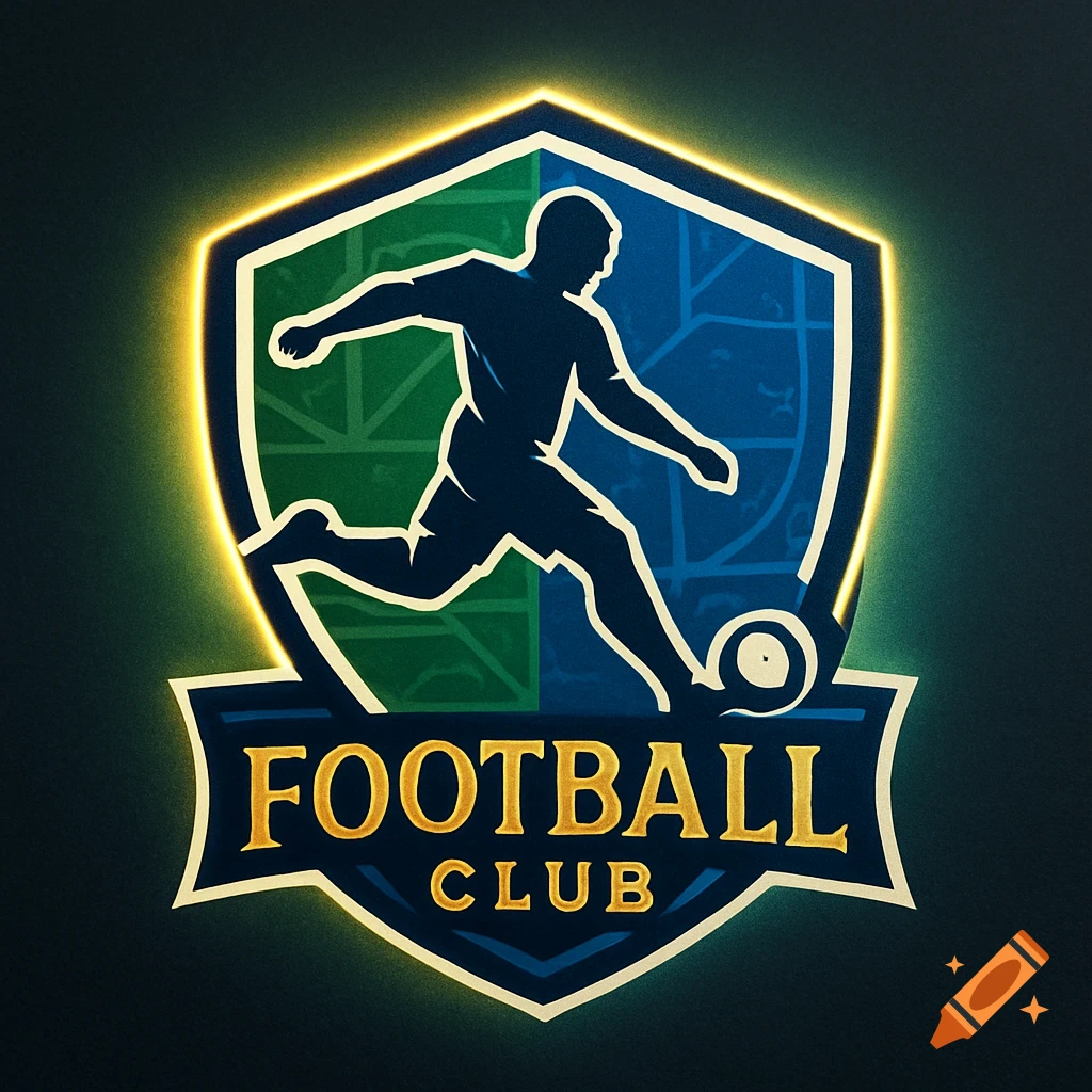 Shield logo with a silhouette of a soccer player kicking a ball, glowing outline, and "FOOTBALL CLUB" text.