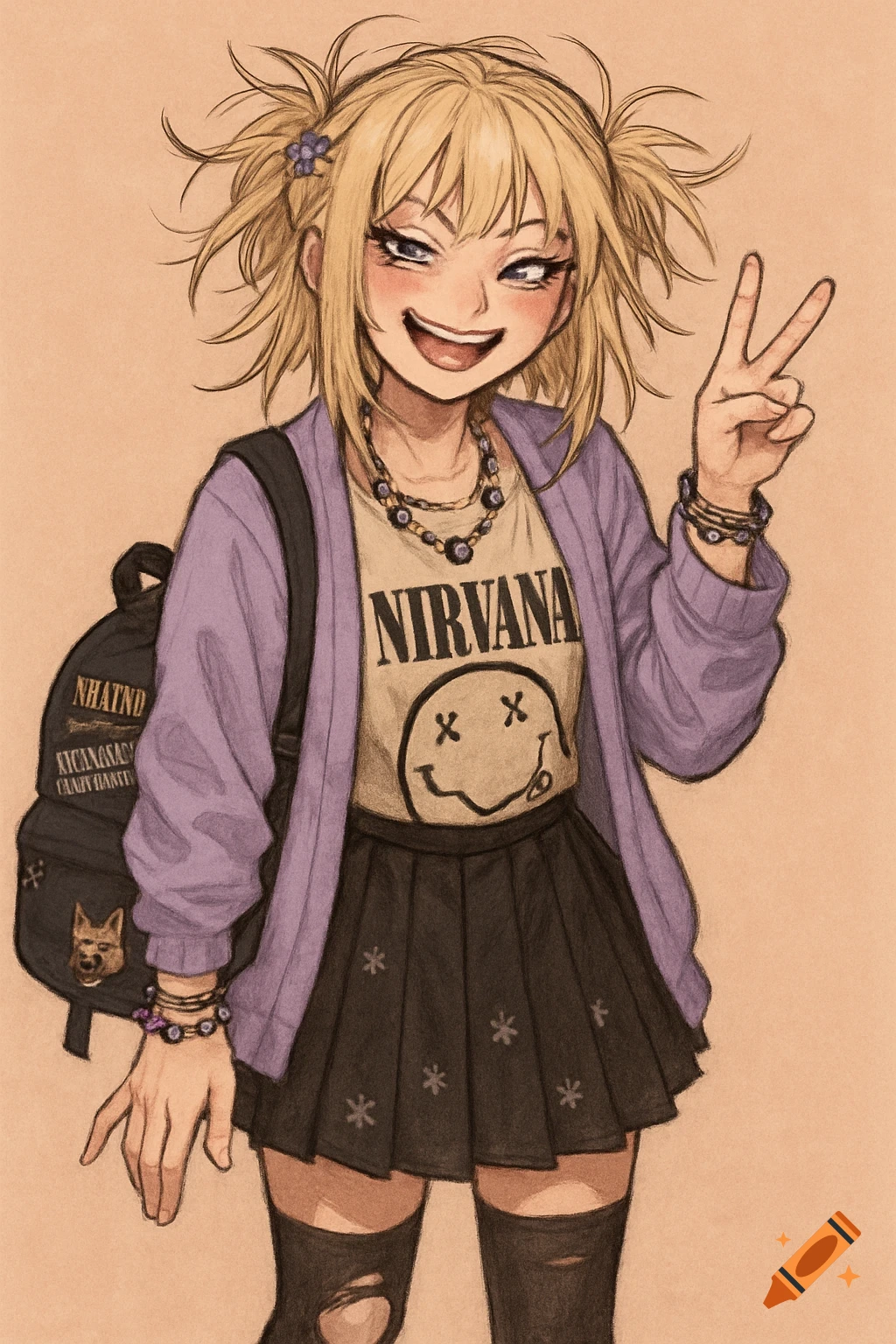 Anime girl with blonde pigtails, a Nirvana t-shirt, purple cardigan, black skirt, and ripped thigh-highs, flashing a peace sign.