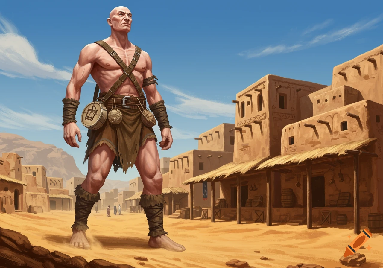 A bald, muscular barbarian man in a loincloth and straps stands in a dusty desert town with clay buildings, fantasy art style.