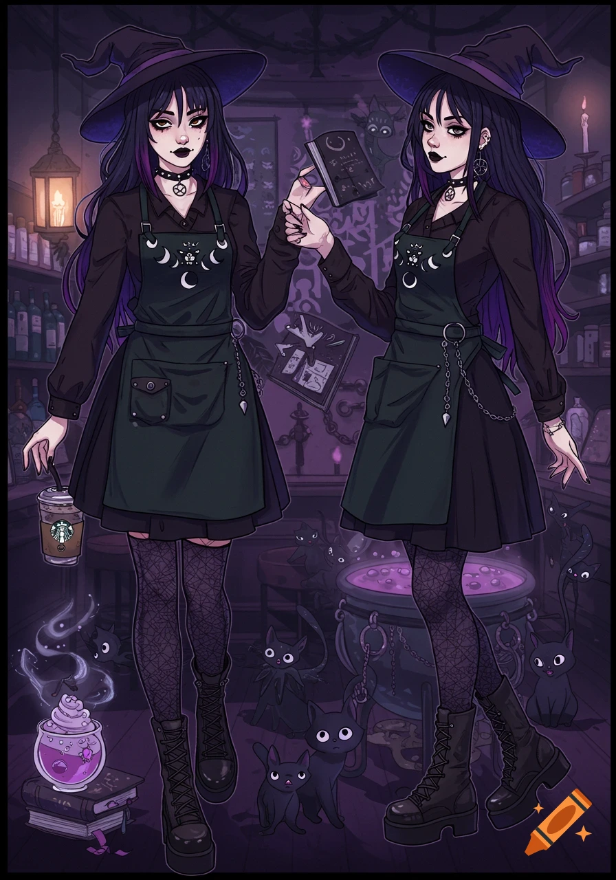 Two anime goth witch girls in a dark potion shop with black cats, cauldrons, and potions. One holds a Starbucks cup.