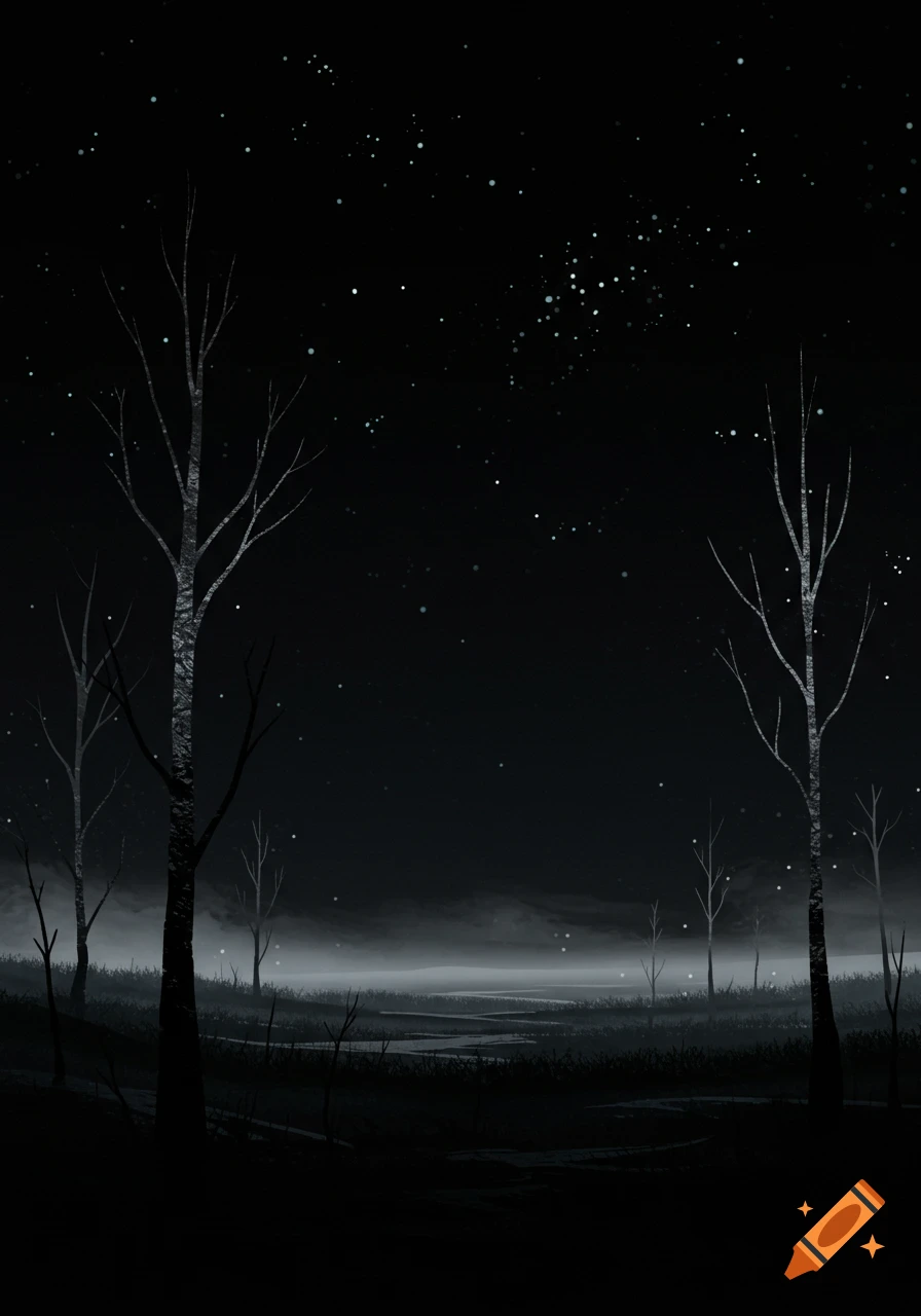 A dark, eerie night landscape with bare trees, misty ground, and a starry sky.