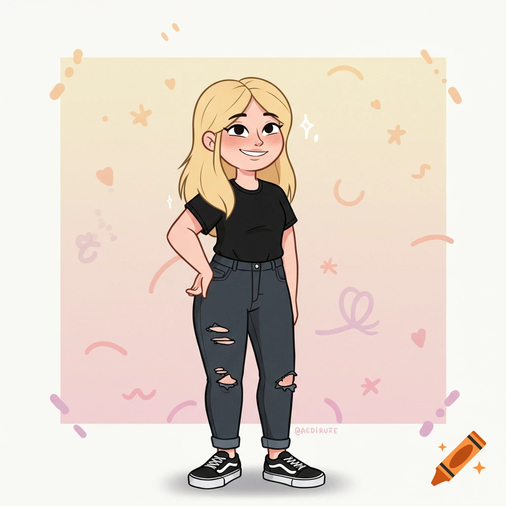 A smiling blonde cartoon woman in a black t-shirt, ripped jeans, and Vans shoes, standing with a hand on her hip.