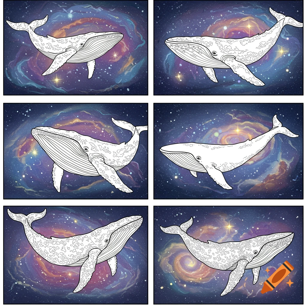 Six line art illustrations of whales swimming in a starry galaxy, designed as coloring pages.