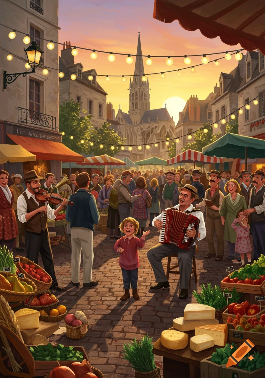 Lively outdoor market in a European town square at sunset, with musicians, people, food stalls, and a church spire.