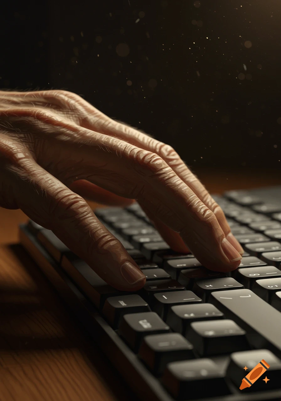 Wrinkled hand typing on a computer keyboard in a dramatic, close-up, photorealistic style with dust particles.