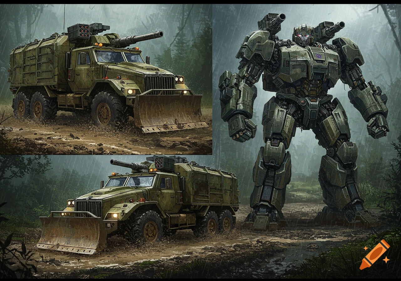 A split image showing a green military truck with a plow and a large green robot, both in a muddy, rainy forest. Photorealistic style.