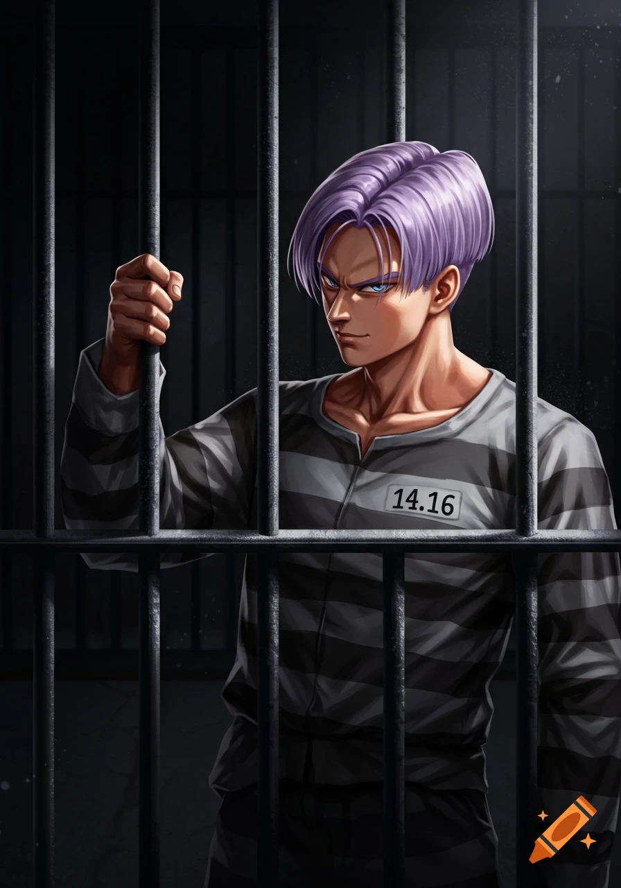 Anime art of Trunks from Dragon Ball, a man with purple hair in a striped prisoner's uniform, looking out from behind jail bars.