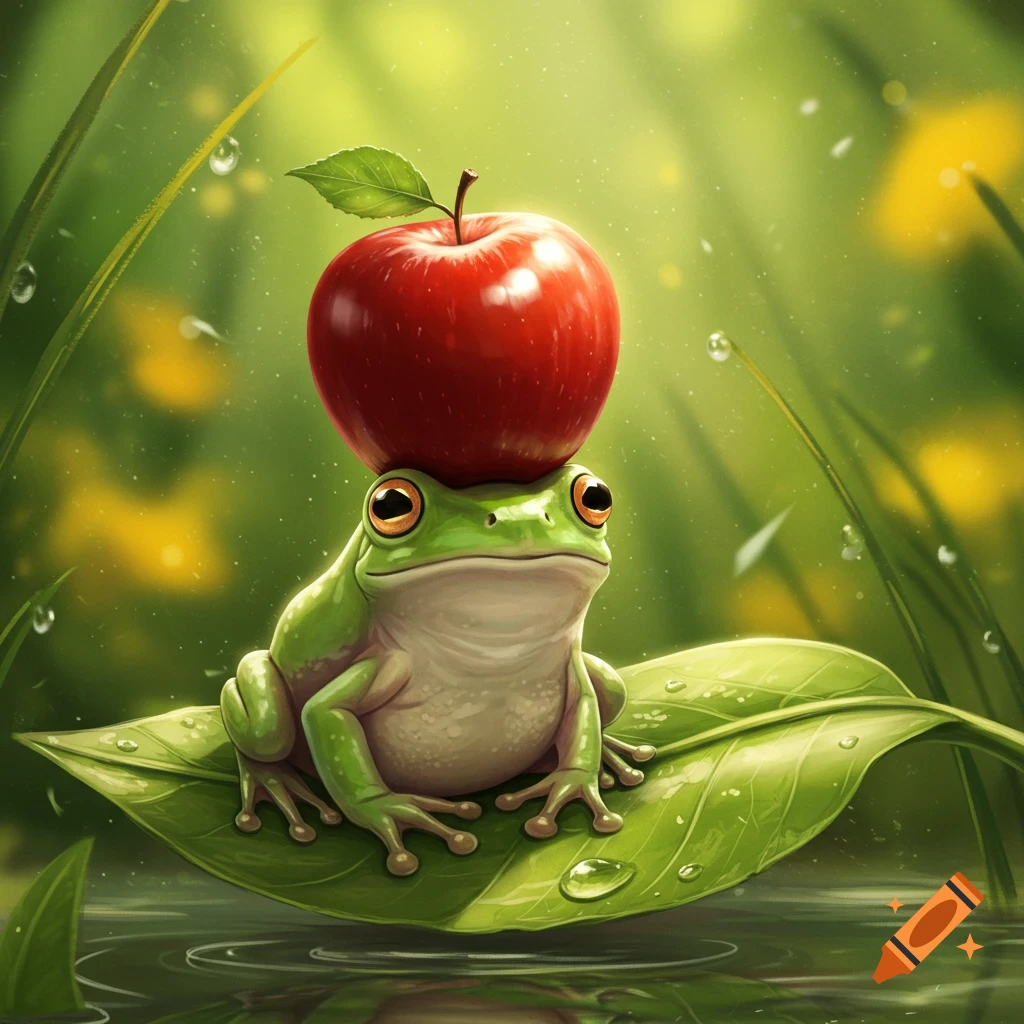 A cute green frog with a red apple on its head sits on a dewy leaf in a lush, bright green environment.