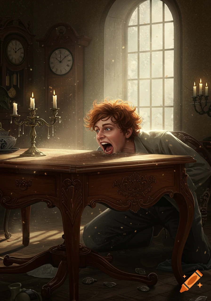 Detailed illustration of a red-haired person screaming with their head emerging from a dark wooden table in a candlelit room.
