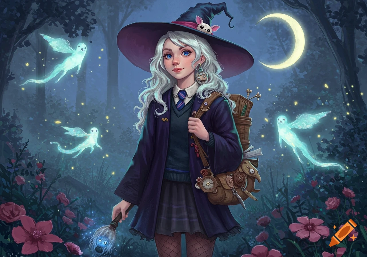 A white-haired witch in a dark forest at night, holding a glowing broom and surrounded by floating spirits and pink flowers.