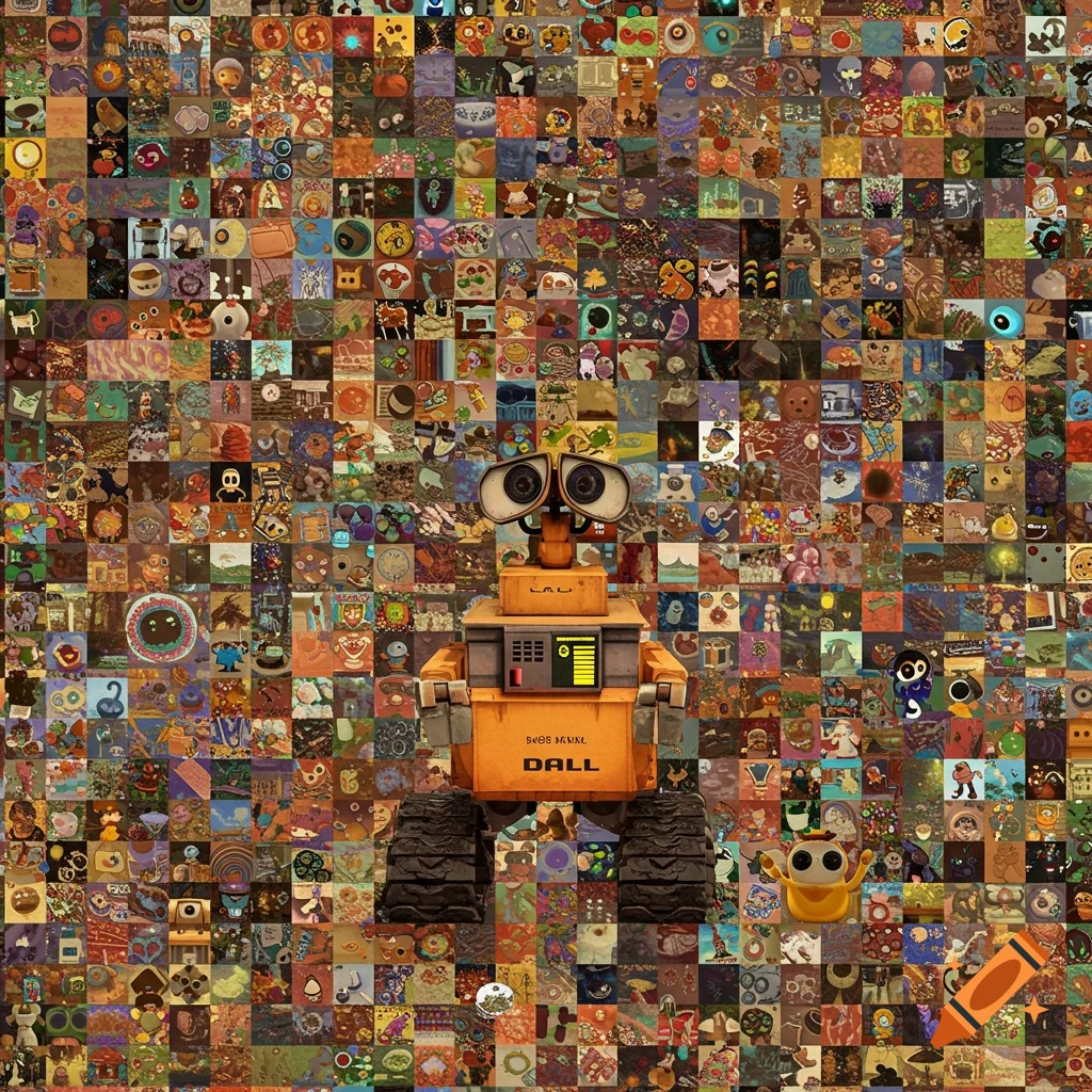 WALL-E robot stands in front of a colorful mosaic of hundreds of small, abstract digital art images.