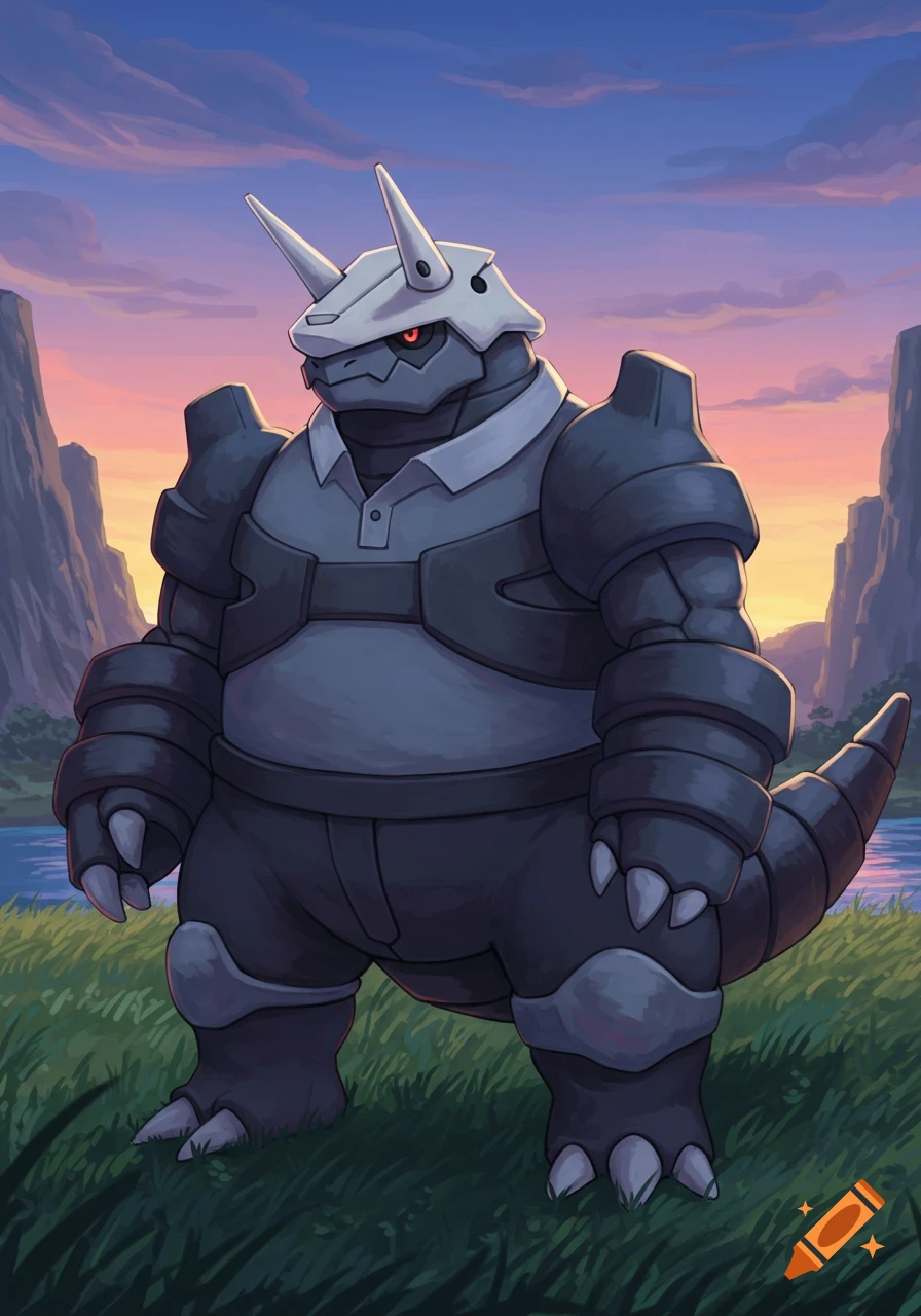 Aggron, a Pokemon, in a polo shirt and dark trousers, stands in a grassy field by water with mountains under a sunset sky.