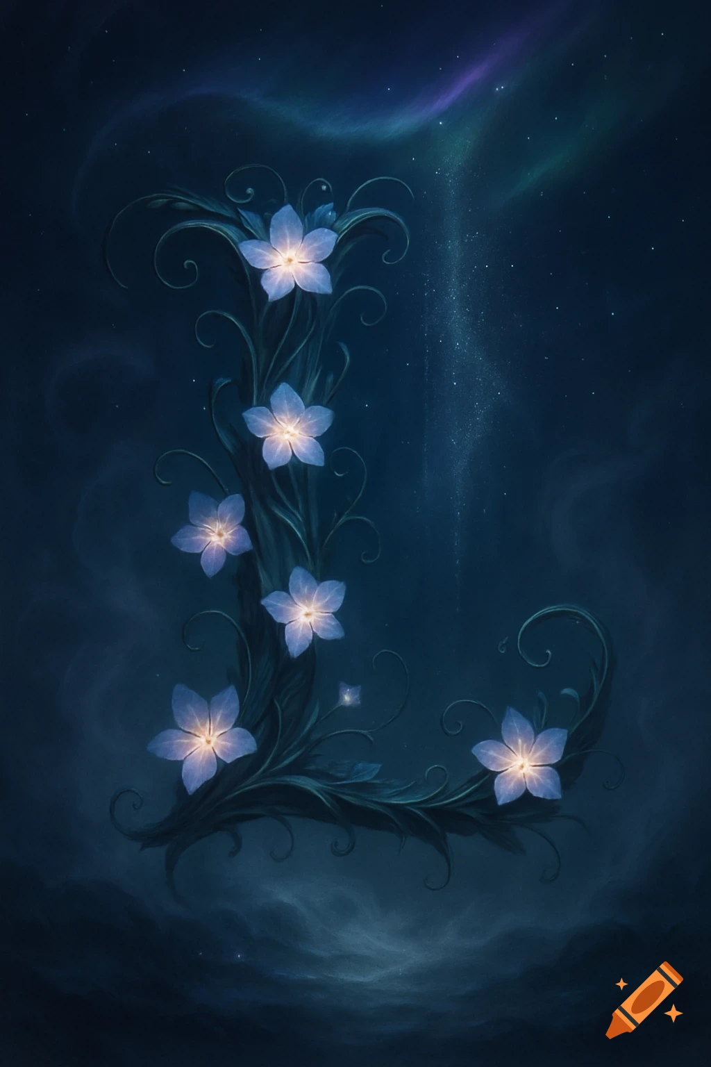 Ethereal letter L formed by glowing blue flowers and dark ornate vines against a starry, dark blue night sky.