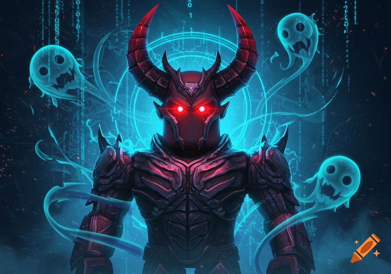 A dark armored demon with red horns and glowing eyes, surrounded by blue ghosts and binary code in a digital fantasy style.