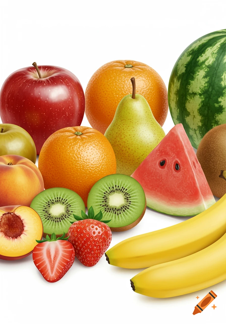 A close-up assortment of colorful fruits: apples, oranges, pears, watermelon, kiwis, strawberries, peaches, and bananas on white.