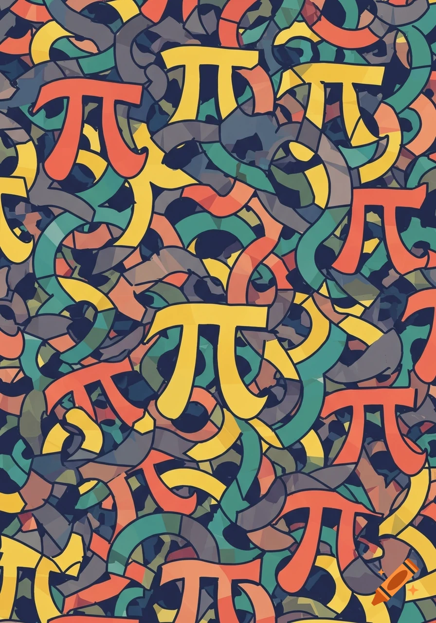 Abstract seamless pattern of colorful Pi symbols and interlocking shapes in shades of navy, coral, yellow, and teal.