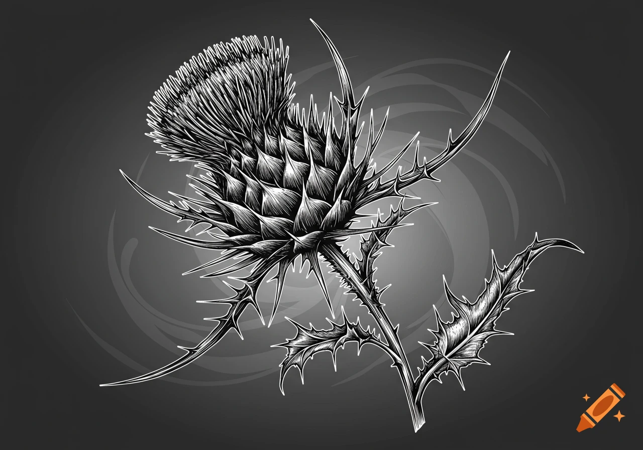 Black and white illustration of a spiky thistle flower with stem and leaves on a dark gray background.