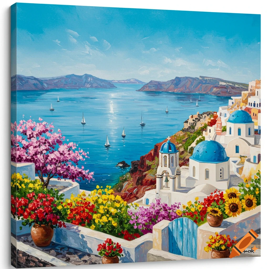 A vibrant oil painting of Santorini with white buildings, blue domes, blooming flowers, and sailboats on a calm blue sea.