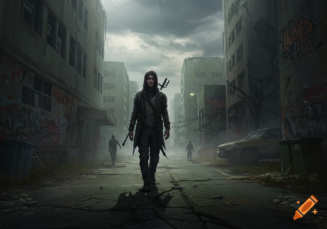 A hooded figure walks through a dark, ruined city street lined with dilapidated buildings covered in graffiti, under a cloudy sky.