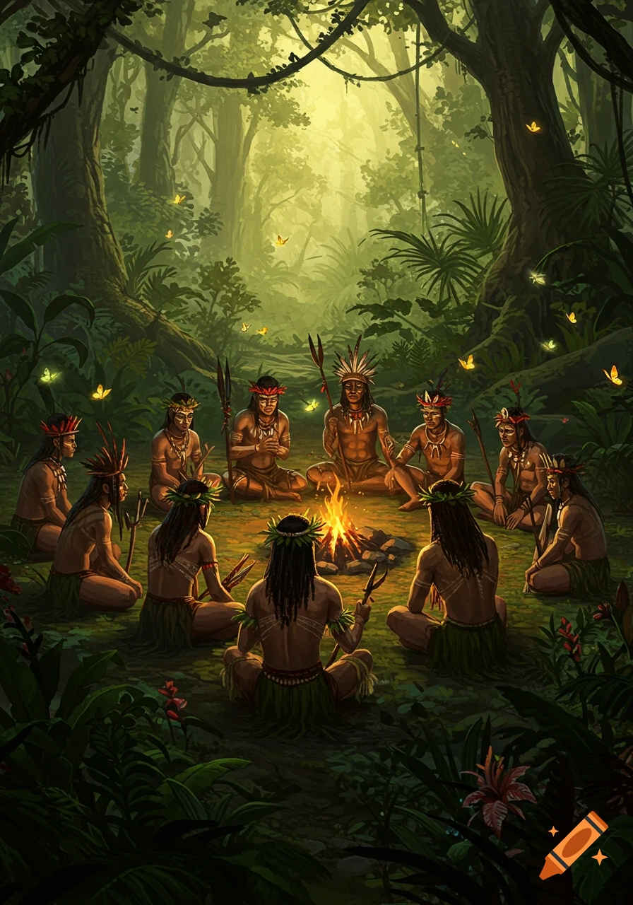 Stylized illustration of a tribal group in traditional attire gathered around a campfire in a dense, sunlit jungle.