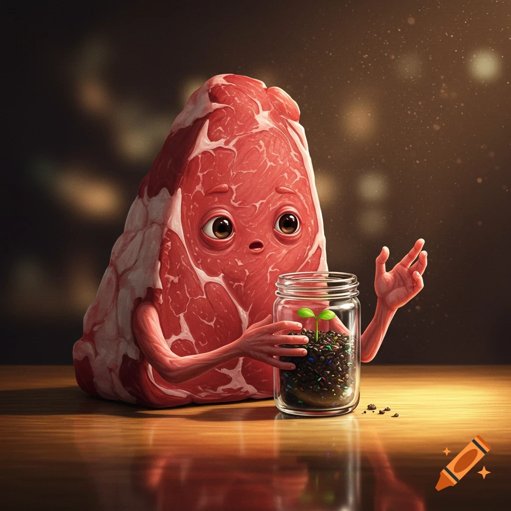 A cartoonish piece of raw beef with eyes and hands holds a jar with a tiny plant sprout on a wooden table.