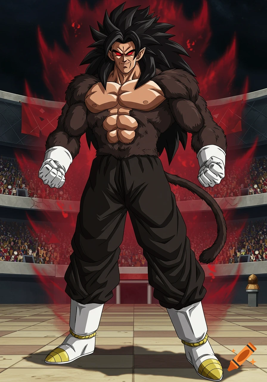A very muscular Dragon Ball Z style Saiyan warrior with black fur, red glowing eyes, and spiky black hair stands in a crowded arena with a dark red aura.