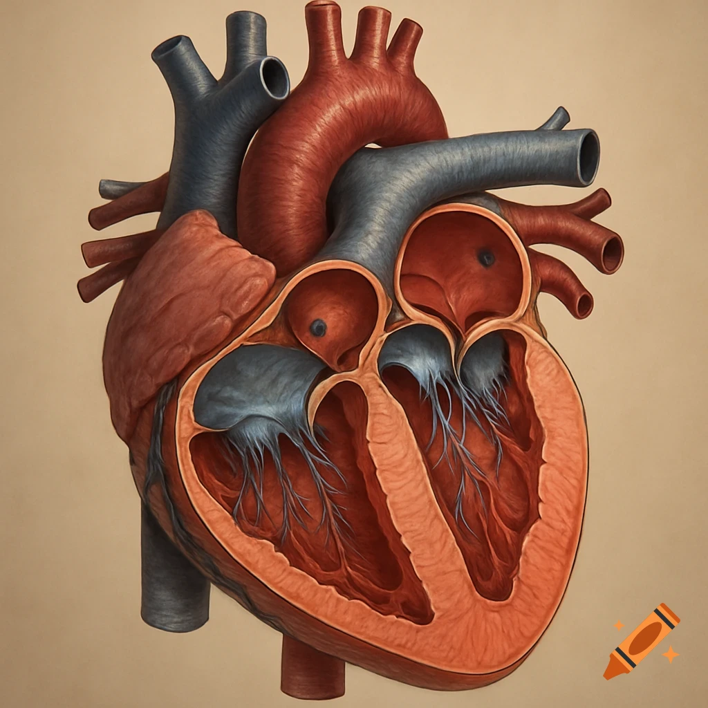 An anatomical illustration of a human heart, cut open to show its chambers, valves, and major blood vessels.